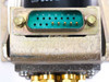 Close-up of green 15-pin D-sub control connector on Teledyne Microwave 24022 RF switch body with gold SMA connectors visible below