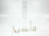 Kontes glass flask body with side arm and frosted ground glass stopper alongside chipped glass insert — detail view