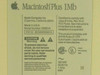 Apple Macintosh Plus 1Mb rear rating label close-up — model M0001A, Made in U.S.A., 120VAC 50-60Hz 1 Amp 60W, FCC ID BCG9GRM0001A, UL listed