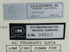 E-H Electronics rating label showing Model 2005x2, serial number 34503, Made in USA, Fremont California, and AC primary data table