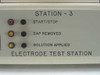 Close-up of Station 3 front panel showing Start/Stop, Cap Removed, and Solution Applied indicator lights and ELECTRODE TEST STATION label