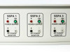 EF Data PS310 front panel close-up of three SSPA channel sections each with Power Supply ON switch and RF Power Monitor terminals