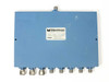 Merrimac PDM-81M-3.95G 8-way microwave power divider – top and front view showing 8 SMA output ports and label