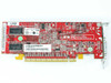 ATI Radeon X600 low-profile PCIe card — PCB reverse side showing memory chips, regulatory labels, part number 109-A26030-01, and PCIe gold edge connector