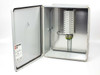 Stahlin J1614HW NEMA 4X solar combiner box open view showing DIN rail with 11 USM1 breaker holders and grounding bus bar