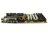 Wintac W6LXB-0 motherboard angled side view showing rear I/O panel with parallel, serial, USB, and PS/2 ports