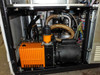Sorvall RC-80 interior showing Alcatel 2012A vacuum pump (orange housing) and Alcatel 6063 oil diffusion pump with braided flex hose connections