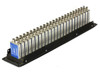 Canare DVJ-W lot of 24 units — side angled view showing BNC rear connectors on silver jackfield modules in black rack tray