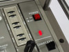 Graphtec WR3320 right-side control panel — POWER ON/OFF switch with red indicator LED illuminated, CHART EXT switch, and date/time roller dials showing Day, Month, Year, Hour, Min, Sec settings