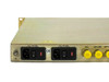 Specialty Microwave 4000A-70 rear panel close-up showing AC1 and AC2 IEC inlets with 2AT fuses, 47-63Hz 115/230VAC rating labels, CE mark, and yellow N-type RF connectors