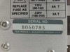 Tektronix VM700T rear panel voltage selector and fuse rating label: 115V (90-132V) 6A T / 230V (180-250V) 3A T, with serial number label B040785, Beaverton Oregon USA