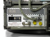 HP 8566B analyzer rear panel RF section — EXT/INT switch, FREQ REFERENCE, SWEEP+TUNE OUT, 10 MHz output, yellow safety caps, fuse warning label