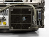 HP 8566B rear lower-right corner — dusty intake filter panel, GPIB/IEEE-488 connector, and inter-unit interconnect cable