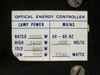 Mimir 515 rear rating plate close-up – OPTICAL ENERGY CONTROLLER, Lamp Power: Rated 1000W, High 1400W, Idle 900W, Low 750W; Mains: 50-60Hz, 208V, 1590W