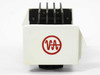 Varian F137CA2 waveguide — end-on view of white flange face showing Varian logo and fins protruding from black body