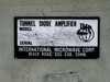 International Microwave ACP3959-20CB Tunnel Diode Amplifier – close-up of manufacturer nameplate reading Tunnel Diode Amplifier, International Microwave Corp., River Road, Cos Cob, Conn.
