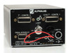 Alphalas LPS1-2T rear panel showing DB25 connectors for T°-CONTR. 2 and LD & T°-CONTR. 1, DB9 serial interface, keyed LASER ON/OFF switch, +12V DC barrel jack, 6A fuse, and rating label: MAX. 80W