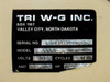 Tri W-G Inc. model 645 rating plate showing serial number 9322, model #645, 115 volts, 60 cycles, 2.7 amps, 1/4 HP