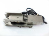 US Vibra 2028-A linear vibratory feeder – top-down view showing full stainless track surface, perforated deck section, electromagnetic drive assembly, and power cord