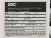 AEC TDWF7M09S4 nameplate label showing model number, serial number, voltage 460/3/60, 14 amps, 3/4 HP, 9 kW heater, water heat transfer fluid, 45–250°F range