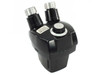 Binocular stereo zoom microscope head — rear/left-side view showing both eyepiece ports, zoom adjustment knob with graduated scale, and black body housing