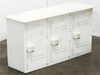 Bradley Corp Lenox 3-door white plastic storage locker bench – front view showing all three closed doors with hasp latches