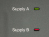 Front panel close-up of XTC-140D showing Supply A green indicator lit and Supply B red indicator lit