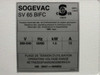 SOGEVAC SV65 BIFC rating plate showing 200-240V, 50/60Hz, 1.5kW, 12A, max operating pressure 1000 mbar, NRTL listed