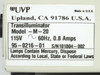 UVP M-20 Transilluminator rating label showing Model M-20, P/N 95-0216-01, 115V 60Hz 0.8A, mercury lamp warning