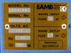 RA LAMB rating plate on extractor unit – Model E22-01MWS, 115V AC, 60Hz, 100W total load, mains input fuse 4A, CE marked