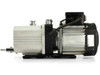 Leybold Trivac D2.5E side profile view showing full pump and motor assembly with aluminum cooling fins and mounting base