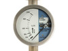 New-Flow BF300E close-up of dial face showing 0–1200 L/H scale, model label BF300E, 1"x150# RF, Water designation, and ISO 9001 certification badge