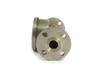 New-Flow BF300E lower flange detail view showing four-bolt hole pattern, raised face sealing surface, and stainless steel tube bore