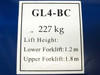 Vestil GL4-BC rating label showing model number, 227 kg capacity, lower forklift lift height 1.2 m, upper forklift lift height 1.8 m