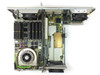 HP Visualize C200 interior top-down view showing motherboard with multiple RAM SIMM slots populated, large CPU cooling fan, expansion card in slot, and internal drive bay area