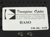 Imagine Optic HASO label closeup — brand logo, HASO model name, serial number HA-4159, French contact information