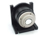 Oriel Instruments 66112 condensing lens assembly — rear view showing white-ring lens retainer, output aperture, and mounting bracket base