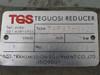 TGS Teguosi TAF37-NA26 reducer nameplate showing type, 26 r/min output speed, serial number, and ISO 9001 certification