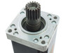 Close-up of Maxon M021204A planetary gearbox output stage showing gear teeth and machined aluminum housing with mounting bolt holes