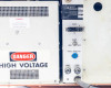 Tegal PlasmaLine 200 rear panel detail — Tegal model plate, TEST J2 D-sub connector, SENS MIN/MAX control, PROC MONITOR port, and fuse holders