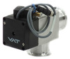 VAT 26432-KA41-0001 angle valve — left-side view showing black pneumatic actuator housing, blue pneumatic tubing, and brass push-to-connect fitting