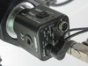 Watec WAT-202B CCD color camera mounted on Fineplacer optical column, showing auto iris, white balance, and power controls