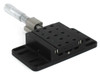 Newport 460P-X linear stage with SM-25 micrometer – angled rear-left view showing base plate mounting slots, top plate tapped hole grid, and micrometer clamp block