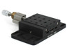 Newport 460P-X linear stage — rear-left three-quarter view showing 460P-BA base label, ball bearing carriage, and brass micrometer collar