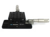 Newport 460P Series linear stage with SM-25 micrometer actuator — right side profile view showing stage body, base plate, and micrometer barrel