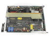 CPI VZC-6964A4 interior view with top cover removed showing TWT tube assembly, RF circuitry boards, power supply components, capacitor bank, transformers, wiring harness, and dual cooling fans