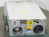 CPI VZC6967AM HPA – rear panel view showing large circular waveguide RF port, cooling fan, stacked D-sub connectors, circular multi-pin connector, and warning labels