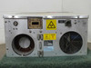 CPI VZC6967AM HPA – rear panel straight-on view showing waveguide RF output port, large cooling fan, three stacked D-sub connectors, circular multi-pin connector, and CE/EMC labels