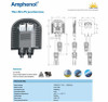 Amphenol Helios thin-film PV junction box product datasheet showing technical specifications: 1500V DC, 20A, IP67, -40C to +90C, and dimensional drawing