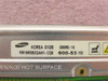 Samsung MR16R082GAN1-CG6 RDRAM RIMM label closeup showing 256MB/16, PC600-53, Korea 0120 date code, and HOT SURFACE warning